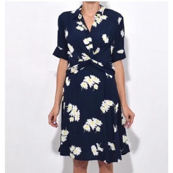Ganni NWOT Silvery Crepe Twist Dress Daisy Flowy Mini Navy Blue White Size Small - Picture 1 of 12
